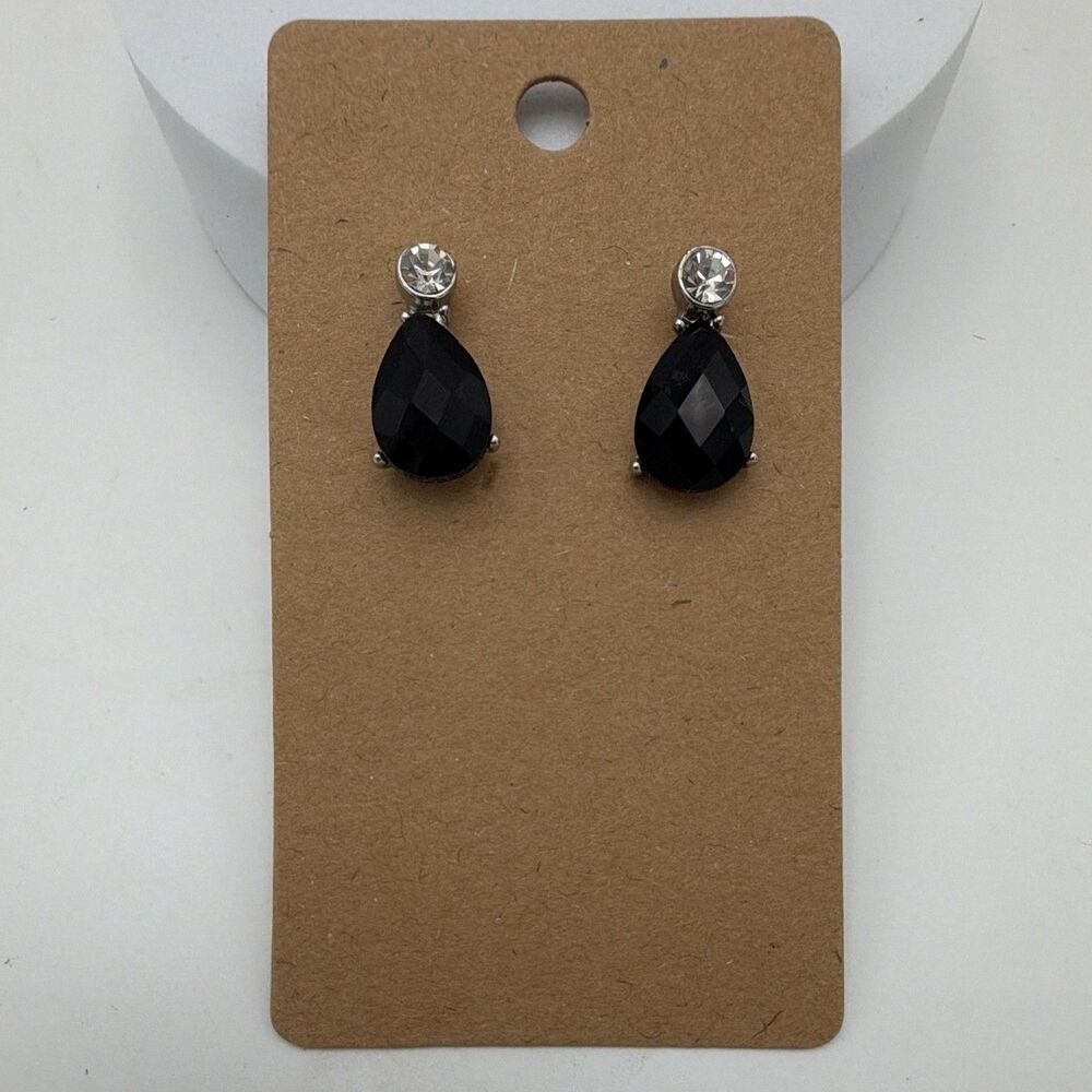 Silver Tone Black Teardrop Crystal Stud Drop Earrings Butterfly Closure .75”